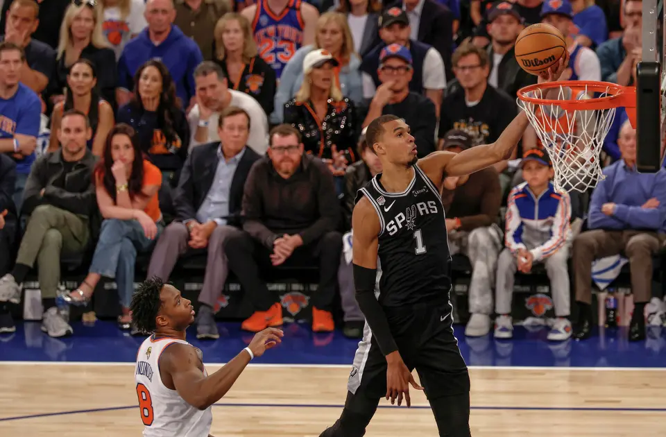 during the fourth quarter of Game 3 of the NBA Finals at Madison Square Garden in New York, Monday, June 8, 2026. The Spurs defeated the Knicks 115-111.