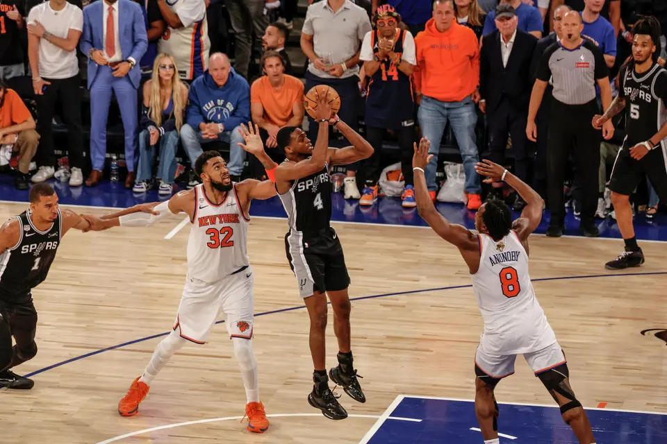 during the fourth quarter of Game 3 of the NBA Finals at Madison Square Garden in New York, Monday, June 8, 2026. The Spurs defeated the Knicks 115-111.