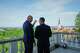 Estonia's Prime Minister Kristen Michal, right, talks with Latvia's Prime Minister Andris Kulbergs during their meeting at the Stenbock House in Tallinn, Estonia, Monday, June 8, 2026.