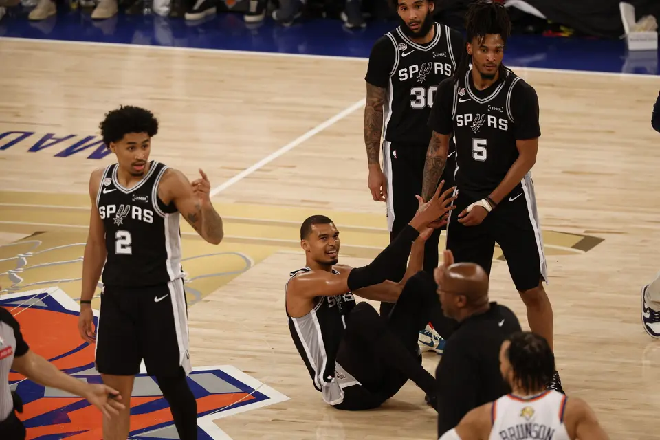 San Antonio Spurs center Victor Wembanyama (1) smiles after being fouled late in the fourth quarter of Game 3 of the NBA Finals at Madison Square Garden in New York, Monday, June 8, 2026. The Spurs defeated the Knicks 115-111.