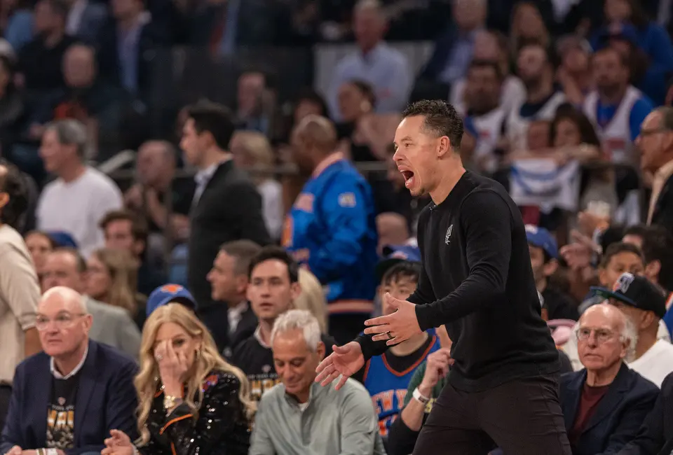 San Antonio Spurs head coach Mitch Johnson yells instructions to Spurs players during the first half of game three of the NBA Championship at Madison Square Garden in New York City on Monday, June 8, 2026.