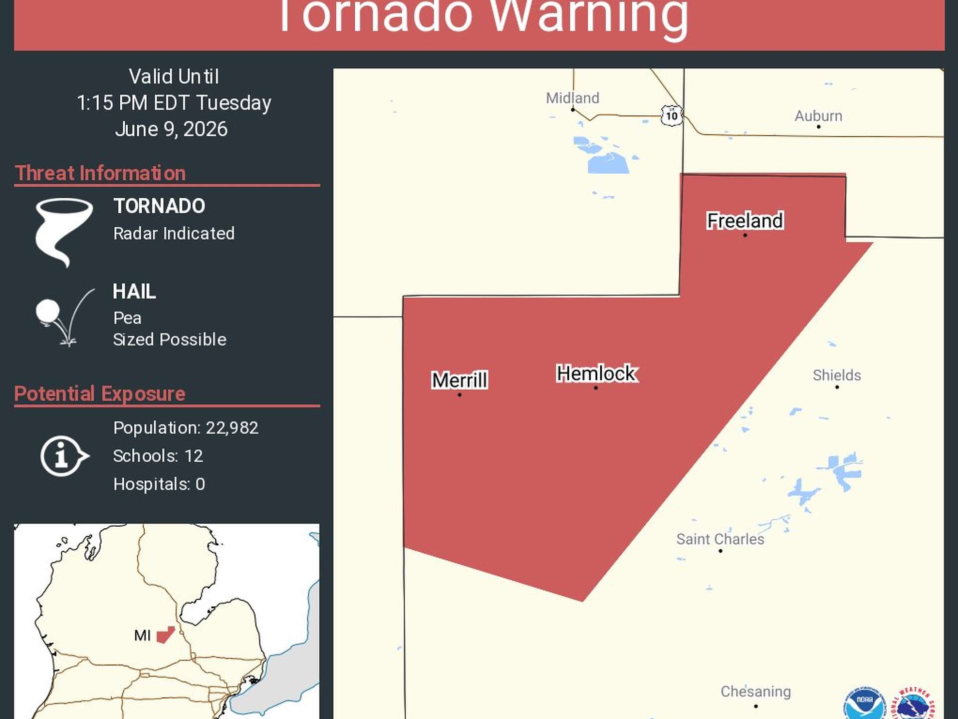 Tornado warning in effect for Northern Saginaw County