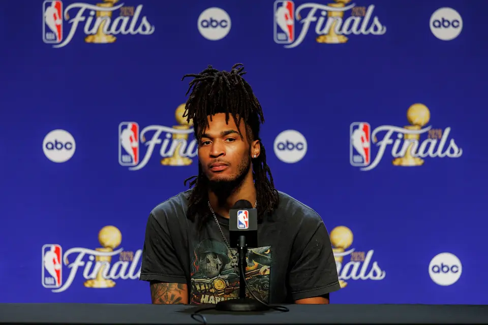 San Antonio Spurs guard Stephon Castle answers questions during a news conference at Madison Square Garden in New York, Tuesday, June 9, 2026, following the Spurs’ 115-111 win in Game 3 of the NBA Finals against the New York Knicks.