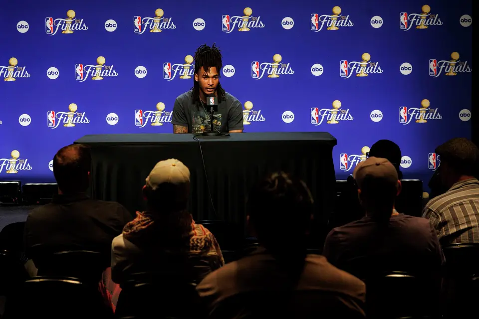 San Antonio Spurs guard Stephon Castle answers questions during a news conference at Madison Square Garden in New York, Tuesday, June 9, 2026, following the Spurs’ 115-111 win in Game 3 of the NBA Finals against the New York Knicks.