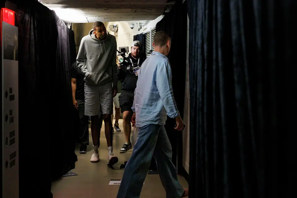 San Antonio Spurs center Victor Wembanyama ducks while walking through a hallway to a news conference at Madison Square Garden in New York, Tuesday, June 9, 2026, following the Spurs’ 115-111 win in Game 3 of the NBA Finals against the New York Knicks.