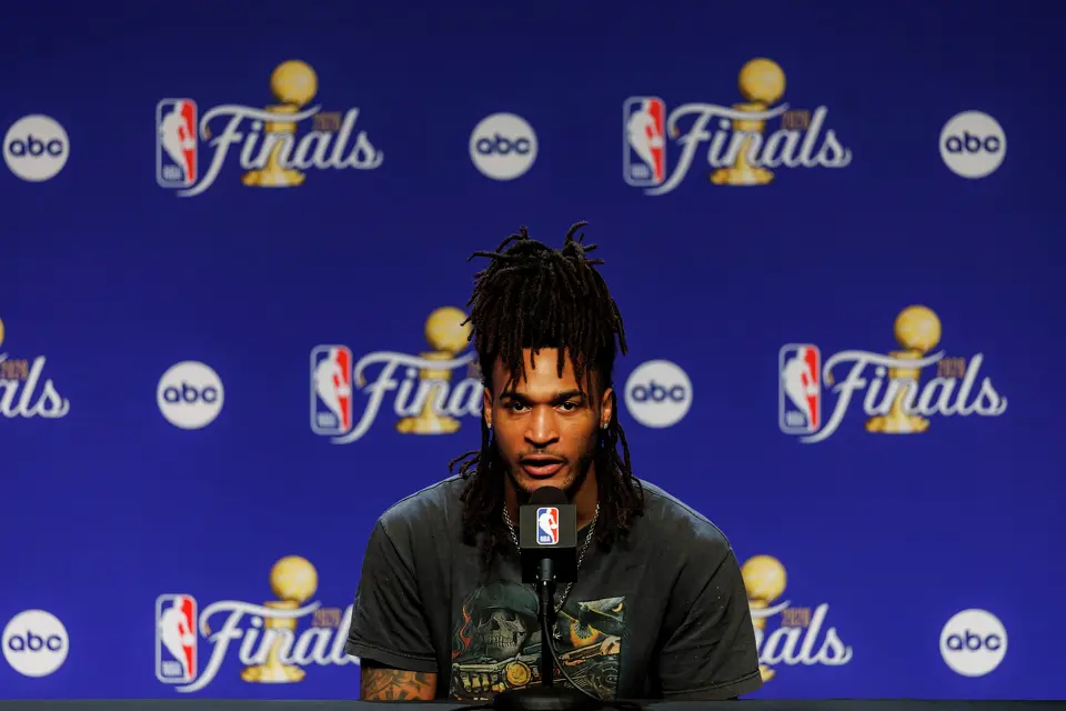 San Antonio Spurs guard Stephon Castle answers questions during a news conference at Madison Square Garden in New York, Tuesday, June 9, 2026, following the Spurs’ 115-111 win in Game 3 of the NBA Finals against the New York Knicks.