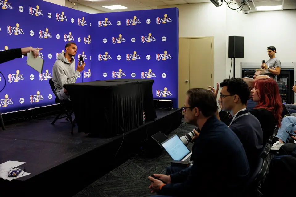 San Antonio Spurs center Victor Wembanyama listens to a question from a reporter during a news conference at Madison Square Garden in New York, Tuesday, June 9, 2026, following the Spurs’ 115-111 win in Game 3 of the NBA Finals against the New York Knicks.