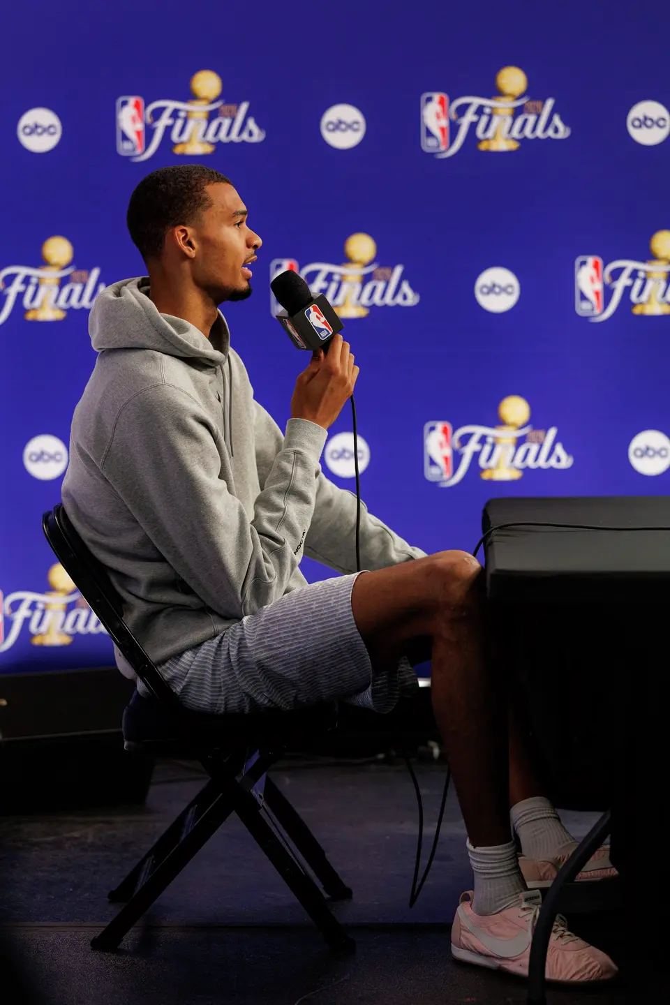 San Antonio Spurs center Victor Wembanyama answers questions during a news conference at Madison Square Garden in New York, Tuesday, June 9, 2026, following the Spurs’ 115-111 win in Game 3 of the NBA Finals against the New York Knicks.
