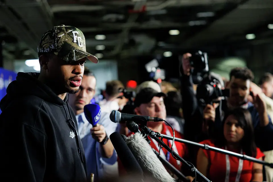 San Antonio Spurs forward Keldon Johnson answers questions from reporters during a news conference at Madison Square Garden in New York, Tuesday, June 9, 2026, following the Spurs’ 115-111 win in Game 3 of the NBA Finals against the New York Knicks.