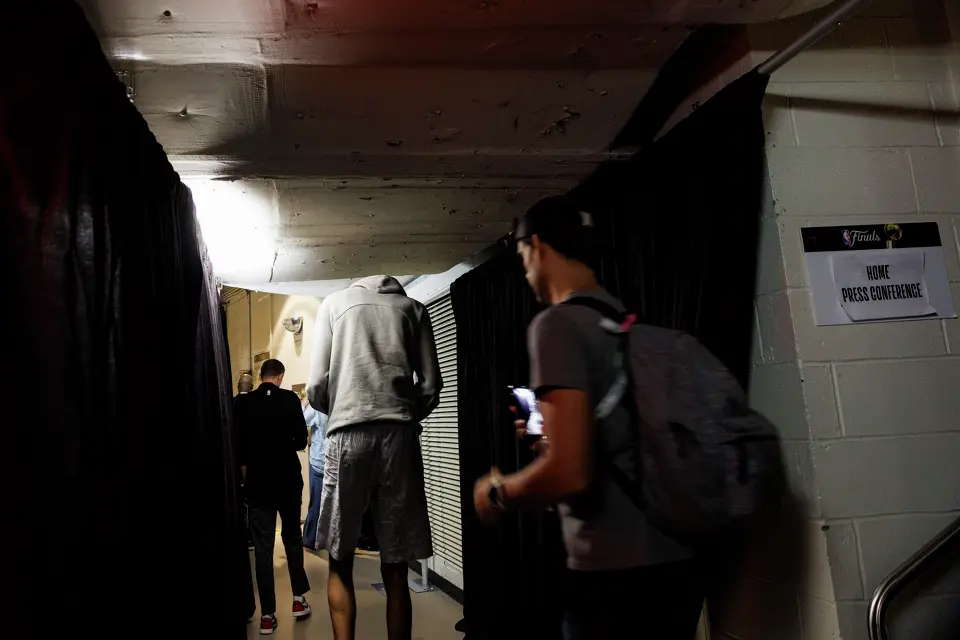 San Antonio Spurs center Victor Wembanyama ducks as he walks through a hallway after attending a news conference at Madison Square Garden in New York, Tuesday, June 9, 2026, following the Spurs’ 115-111 win in Game 3 of the NBA Finals against the New York Knicks.