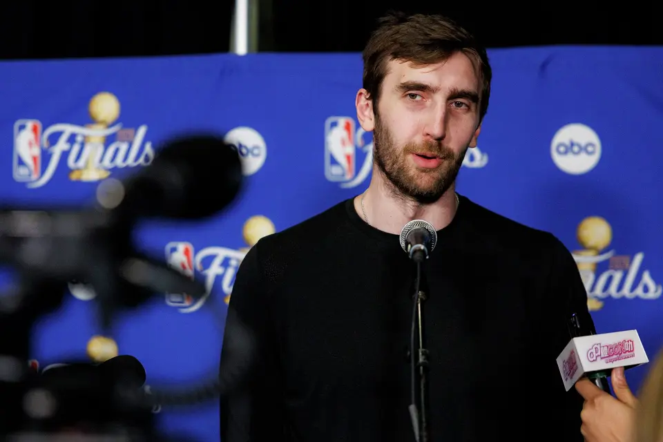 San Antonio Spurs center Luke Kornet answers questions from reporters during a news conference at Madison Square Garden in New York, Tuesday, June 9, 2026, following the Spurs’ 115-111 win in Game 3 of the NBA Finals against the New York Knicks.