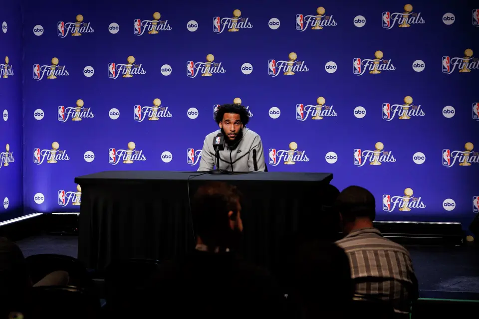 San Antonio Spurs forward Julian Champagnie answers questions from reporters during a news conference at Madison Square Garden in New York, Tuesday, June 9, 2026, following the Spurs’ 115-111 win in Game 3 of the NBA Finals against the New York Knicks.