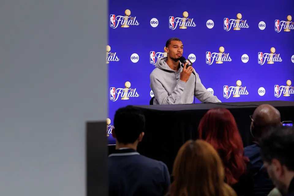 San Antonio Spurs center Victor Wembanyama answers questions during a news conference at Madison Square Garden in New York, Tuesday, June 9, 2026, following the Spurs’ 115-111 win in Game 3 of the NBA Finals against the New York Knicks.