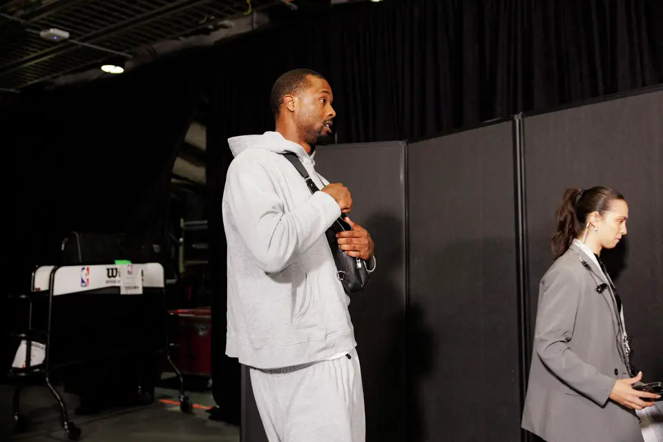 San Antonio Spurs forward Harrison Barnes walks to a news conference at Madison Square Garden in New York, Tuesday, June 9, 2026, following the Spurs’ 115-111 win in Game 3 of the NBA Finals against the New York Knicks.