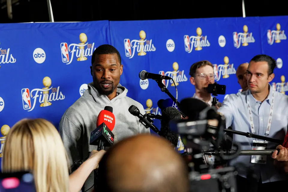 San Antonio Spurs forward Harrison Barnes answers questions during a news conference at Madison Square Garden in New York, Tuesday, June 9, 2026, following the Spurs’ 115-111 win in Game 3 of the NBA Finals against the New York Knicks.