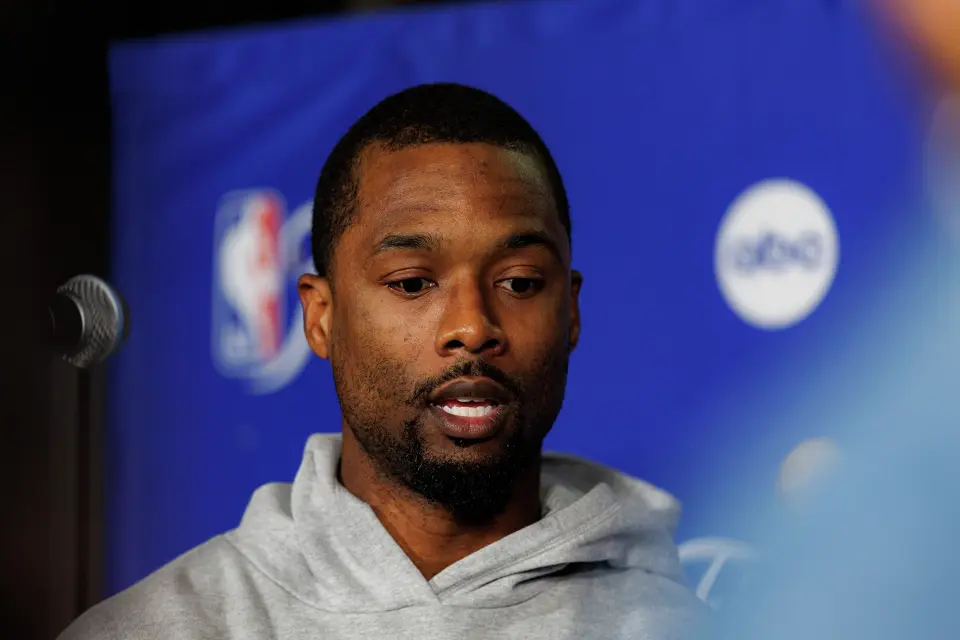 San Antonio Spurs forward Harrison Barnes answers questions during a news conference at Madison Square Garden in New York, Tuesday, June 9, 2026, following the Spurs’ 115-111 win in Game 3 of the NBA Finals against the New York Knicks.