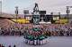 Performers make a human tower, known as Castells, for Pope Leo XIV as he leads a vigil of prayer at the Lluis Companys Olympic Stadium, in Barcelona, Tuesday, June 9, 2026.