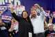 Democratic U.S. Senate candidate Graham Platner, right, and his wife Amy Gertner gesture to supporters during a primary election night watch party Tuesday, June 9, 2026, in Blue Hill, Maine.