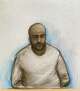 This is a court artist drawing by Elizabeth Cook of Sudanese national Hadi Alodid, 30 appearing via videolink at Belfast Magistrates Court, Belfast, Wednesday, June 10, 2026, after a stabbing attack. (Elizabeth Cook/PA via AP)