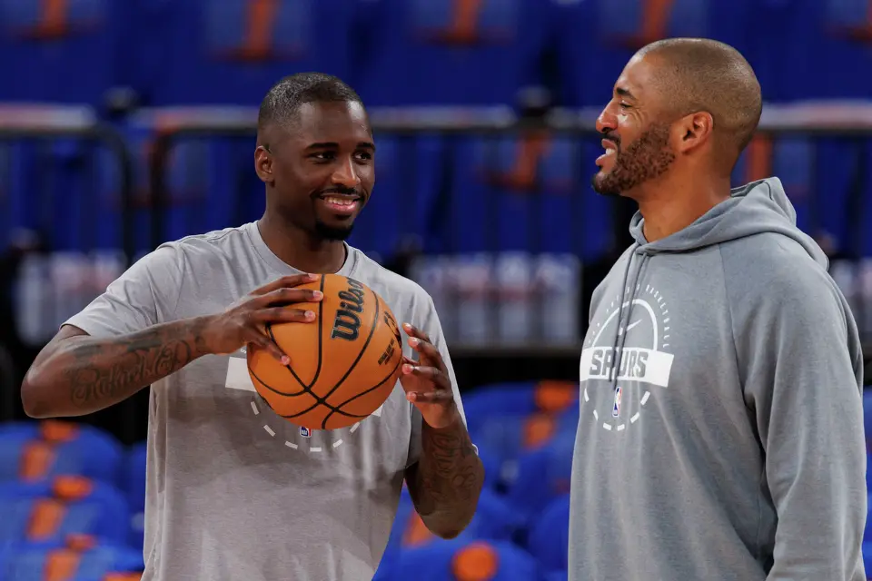 San Antonio Spurs forward David Jones Garcia, left, talks with assistant coach Corliss Williamson during practice at Madison Square Garden in New York, Wednesday, June 10, 2026, ahead of Game 4 of the NBA Finals against the New York Knicks.