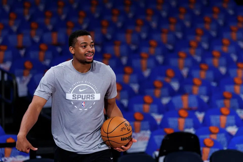 San Antonio Spurs forward Keldon Johnson participates in practice at Madison Square Garden in New York, Wednesday, June 10, 2026, ahead of Game 4 of the NBA Finals against the New York Knicks.
