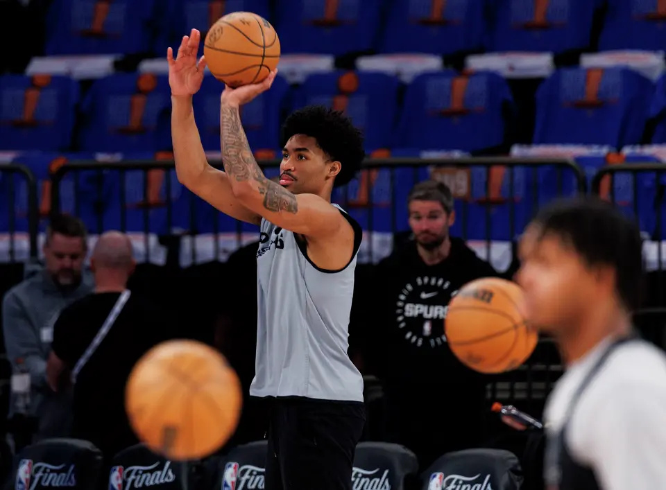 San Antonio Spurs guard Dylan Harper participates in practice at Madison Square Garden in New York, Wednesday, June 10, 2026, ahead of Game 4 of the NBA Finals against the New York Knicks.