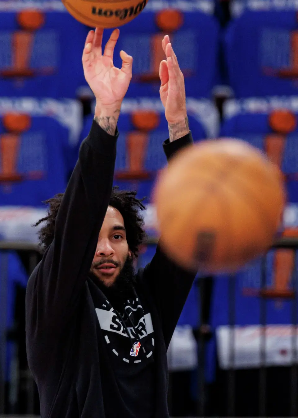 San Antonio Spurs forward Julian Champagnie participates in practice at Madison Square Garden in New York, Wednesday, June 10, 2026, ahead of Game 4 of the NBA Finals against the New York Knicks.