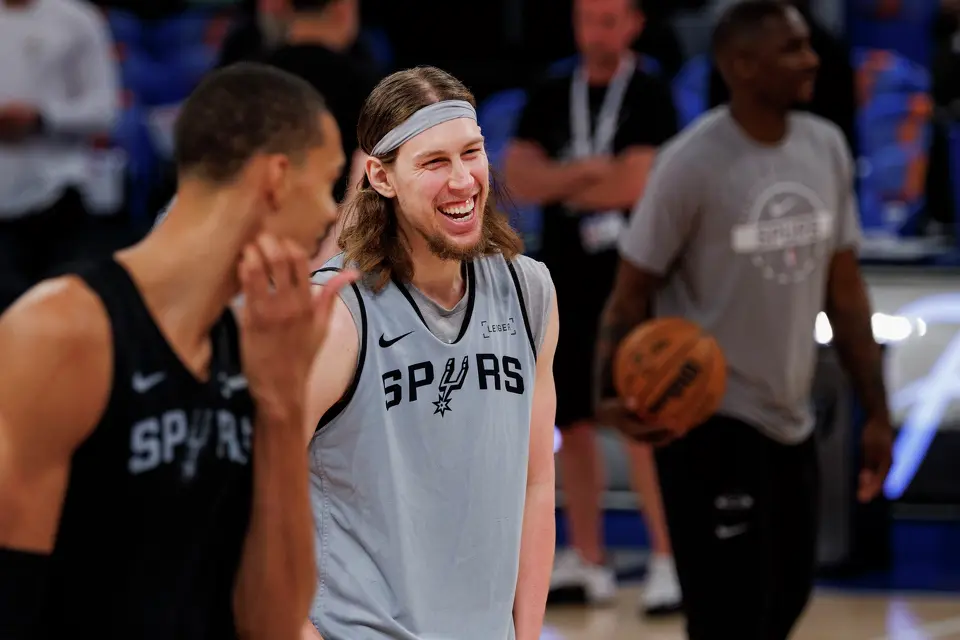 San Antonio Spurs forward Kelly Olynyk jokes around with San Antonio Spurs center Victor Wembanyama during practice at Madison Square Garden in New York, Wednesday, June 10, 2026, ahead of Game 4 of the NBA Finals against the New York Knicks.