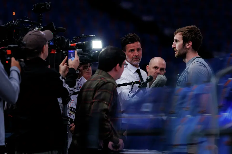 San Antonio Spurs center Luke Kornet answers questions from reporters during practice at Madison Square Garden in New York, Wednesday, June 10, 2026, ahead of Game 4 of the NBA Finals against the New York Knicks.