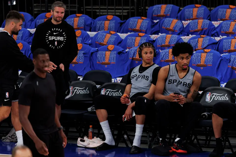 San Antonio Spurs rookies Carter Bryant, left, and Dylan Harper sit together during practice at Madison Square Garden in New York, Wednesday, June 10, 2026, ahead of Game 4 of the NBA Finals against the New York Knicks.