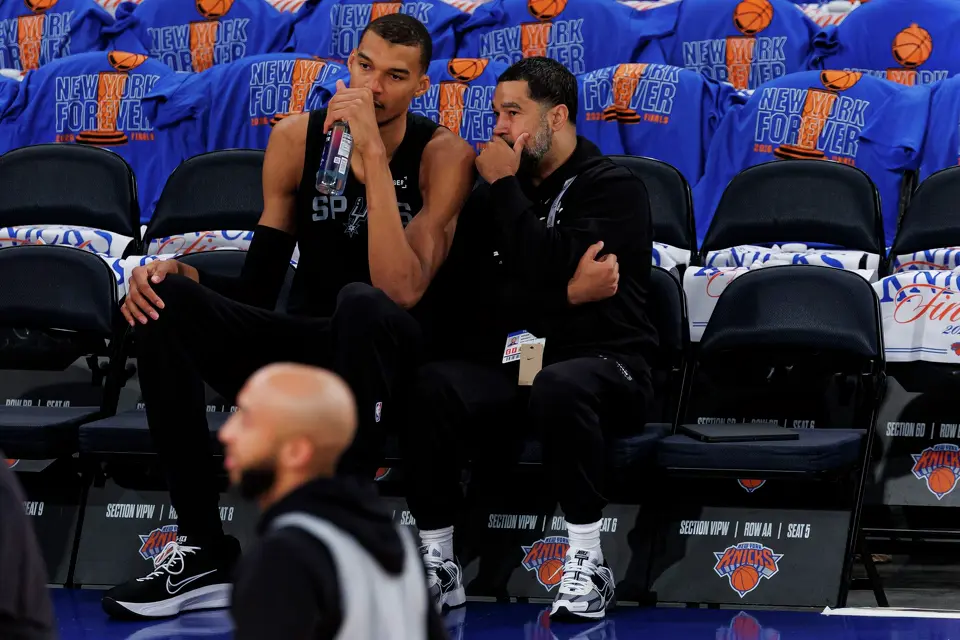 San Antonio Spurs center Victor Wembanyama talks with Spurs general manager Brian Wright during practice at Madison Square Garden in New York, Wednesday, June 10, 2026, ahead of Game 4 of the NBA Finals against the New York Knicks.