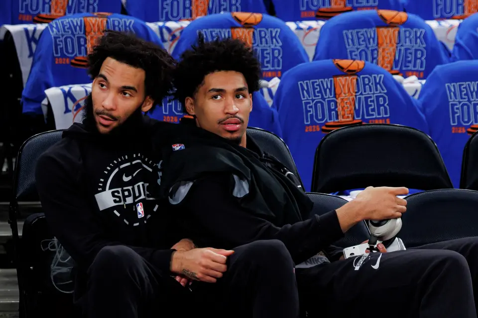 San Antonio Spurs forward Julian Champagnie and guard Dylan Harper sit together during practice at Madison Square Garden in New York, Wednesday, June 10, 2026, ahead of Game 4 of the NBA Finals against the New York Knicks.