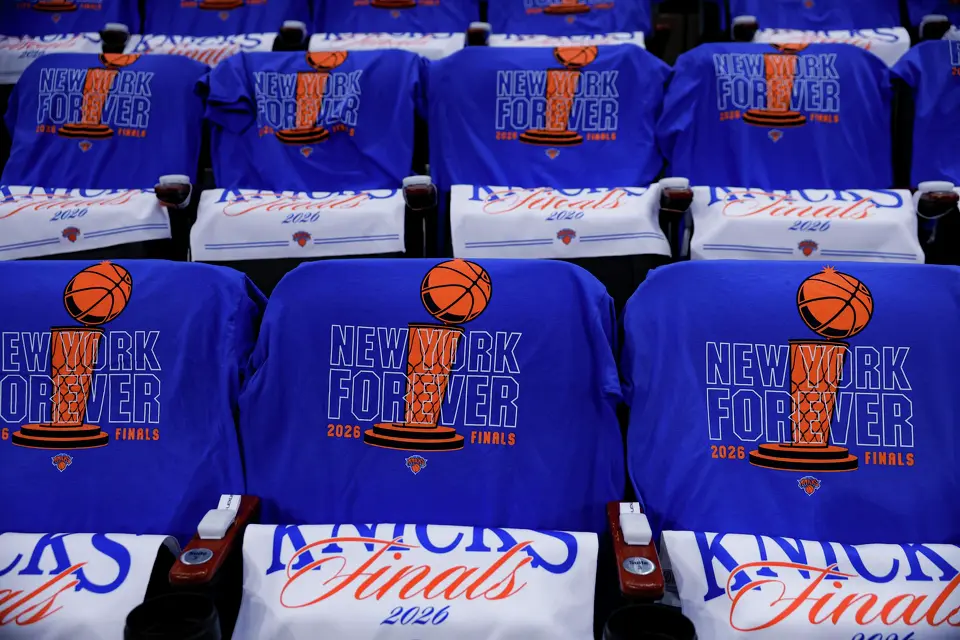 T-shirts are laid out on seats for fans at Madison Square Garden in New York, Wednesday, June 10, 2026, ahead of Game 4 of the NBA Finals between the San Antonio Spurs and the New York Knicks.