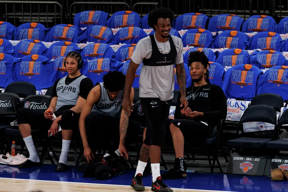 San Antonio Spurs guard Stephon Castle, far right, jokes around with San Antonio Spurs forward Emanuel Miller, center, during practice at Madison Square Garden in New York, Wednesday, June 10, 2026, ahead of Game 4 of the NBA Finals against the New York Knicks.