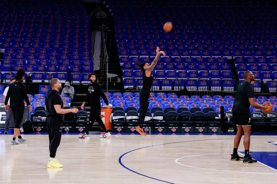 San Antonio Spurs guard Devin Vassell shoots a 3-pointer during practice at Madison Square Garden in New York, Wednesday, June 10, 2026, ahead of Game 4 of the NBA Finals against the New York Knicks.