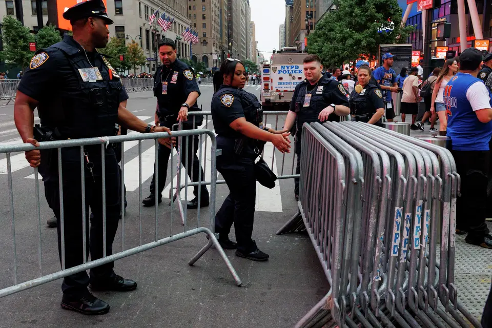 New York police officers block off the streets around Madison Square Garden in New York, Wednesday, June 10, 2026, ahead of Game 4 of the NBA Finals between the New York Knicks and the San Antonio Spurs.