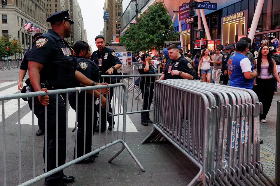 New York police officers block off the streets around Madison Square Garden in New York, Wednesday, June 10, 2026, ahead of Game 4 of the NBA Finals between the New York Knicks and the San Antonio Spurs.