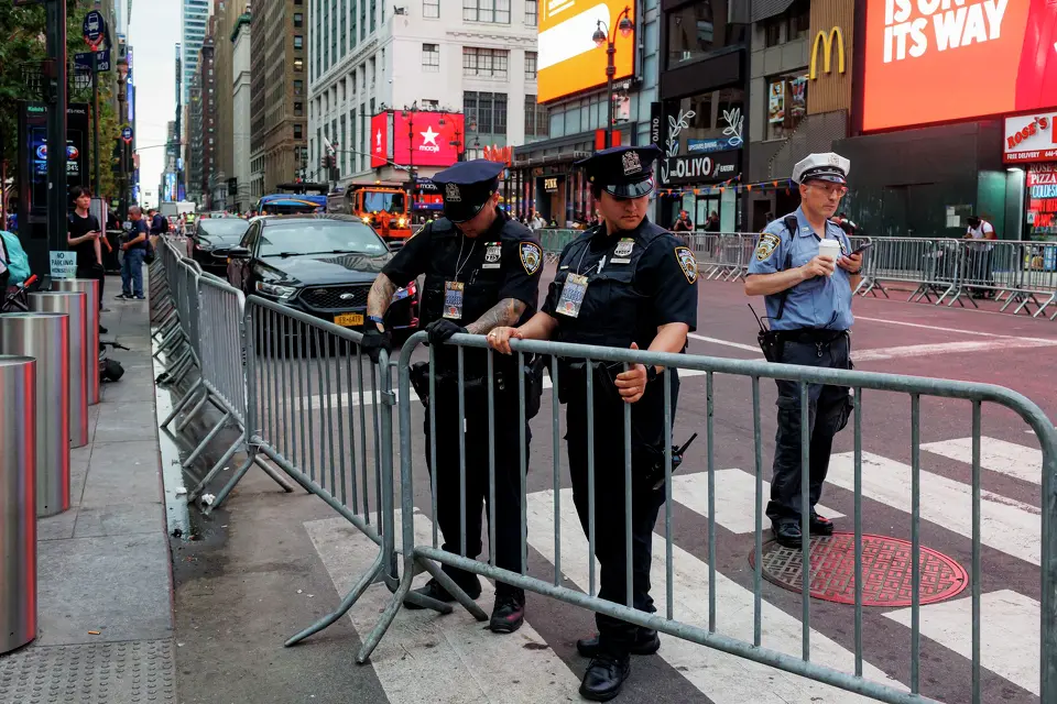 New York police officers block off the streets around Madison Square Garden in New York, Wednesday, June 10, 2026, ahead of Game 4 of the NBA Finals between the New York Knicks and the San Antonio Spurs.