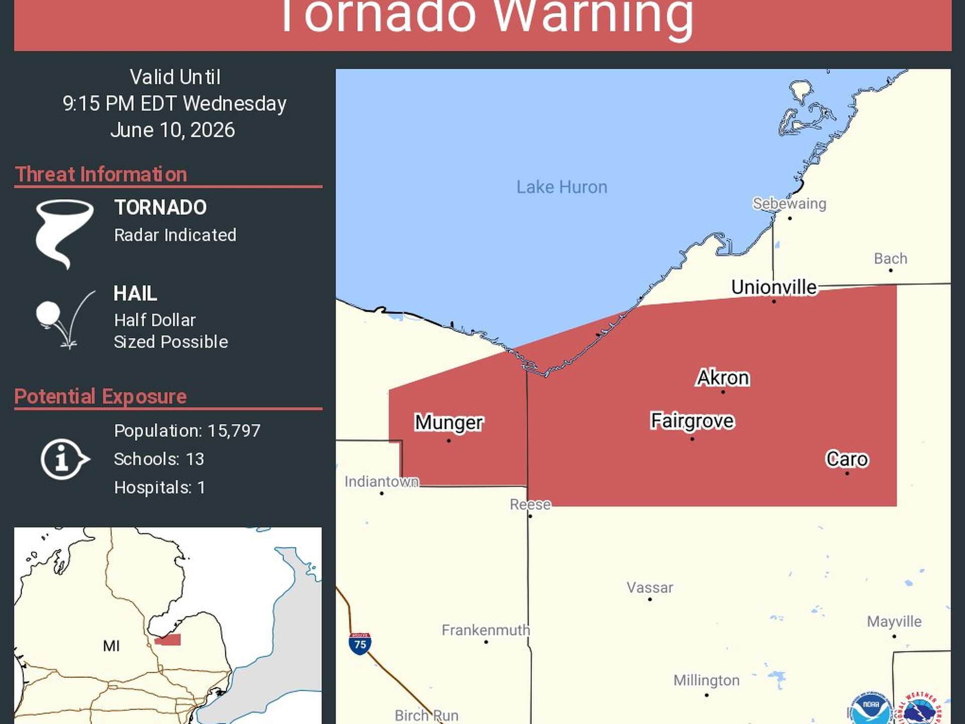 Tornado warning issued for Tuscola County