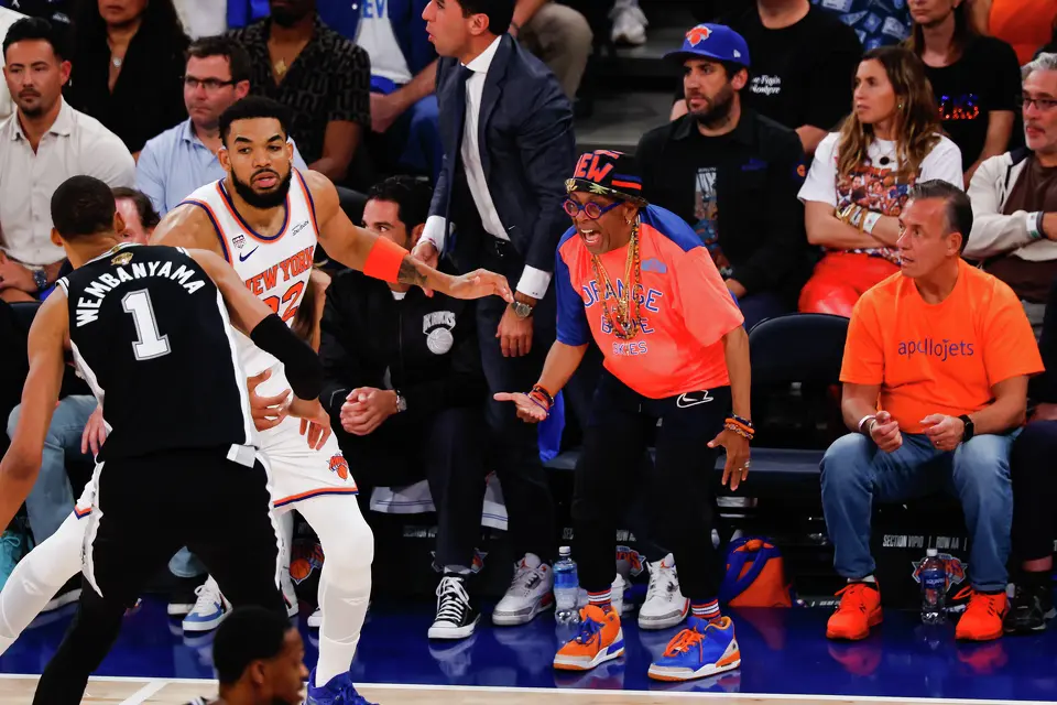 Spike Lee reacts to a play during Game 4 of the NBA Finals between the San Antonio Spurs and the New York Knicks at Madison Square Garden in New York, Wednesday, June 10, 2026.