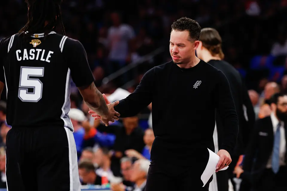 San Antonio Spurs head coach Mitch Johnson high-fives San Antonio Spurs guard Stephon Castle (5) after a play during the second quarter of Game 4 of the NBA Finals at Madison Square Garden in New York, Wednesday, June 10, 2026.