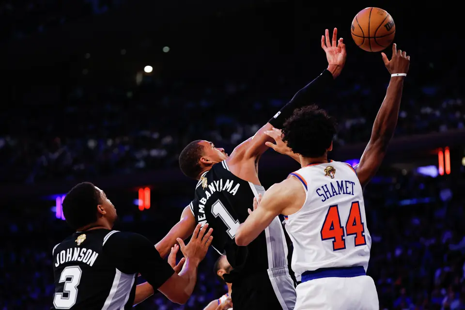 San Antonio Spurs center Victor Wembanyama (1) reaches for the ball during the second quarter of Game 4 of the NBA Finals at Madison Square Garden in New York, Wednesday, June 10, 2026.