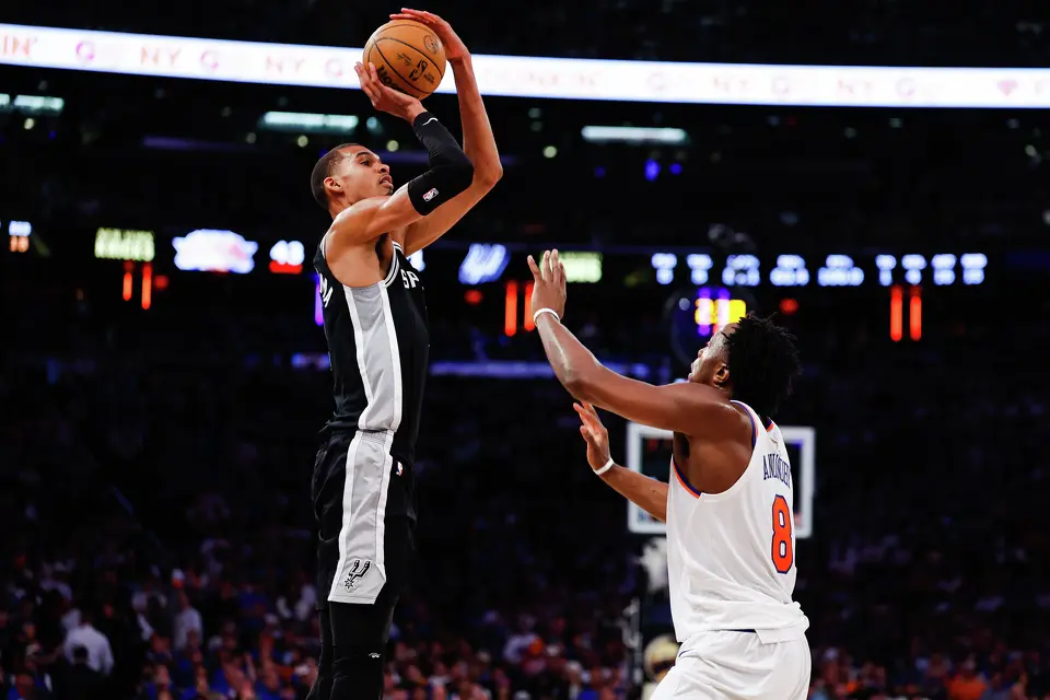 San Antonio Spurs center Victor Wembanyama (1) jumps up for a shot during the second quarter of Game 4 of the NBA Finals at Madison Square Garden in New York, Wednesday, June 10, 2026.