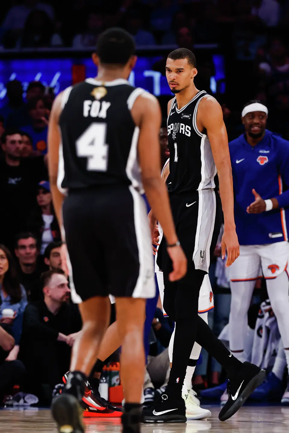 San Antonio Spurs center Victor Wembanyama (1) reacts to a play during the fourth quarter of Game 4 of the NBA Finals at Madison Square Garden in New York, Wednesday, June 10, 2026. The Knick defeated the Spurs 107-106, leading the series 3-1.