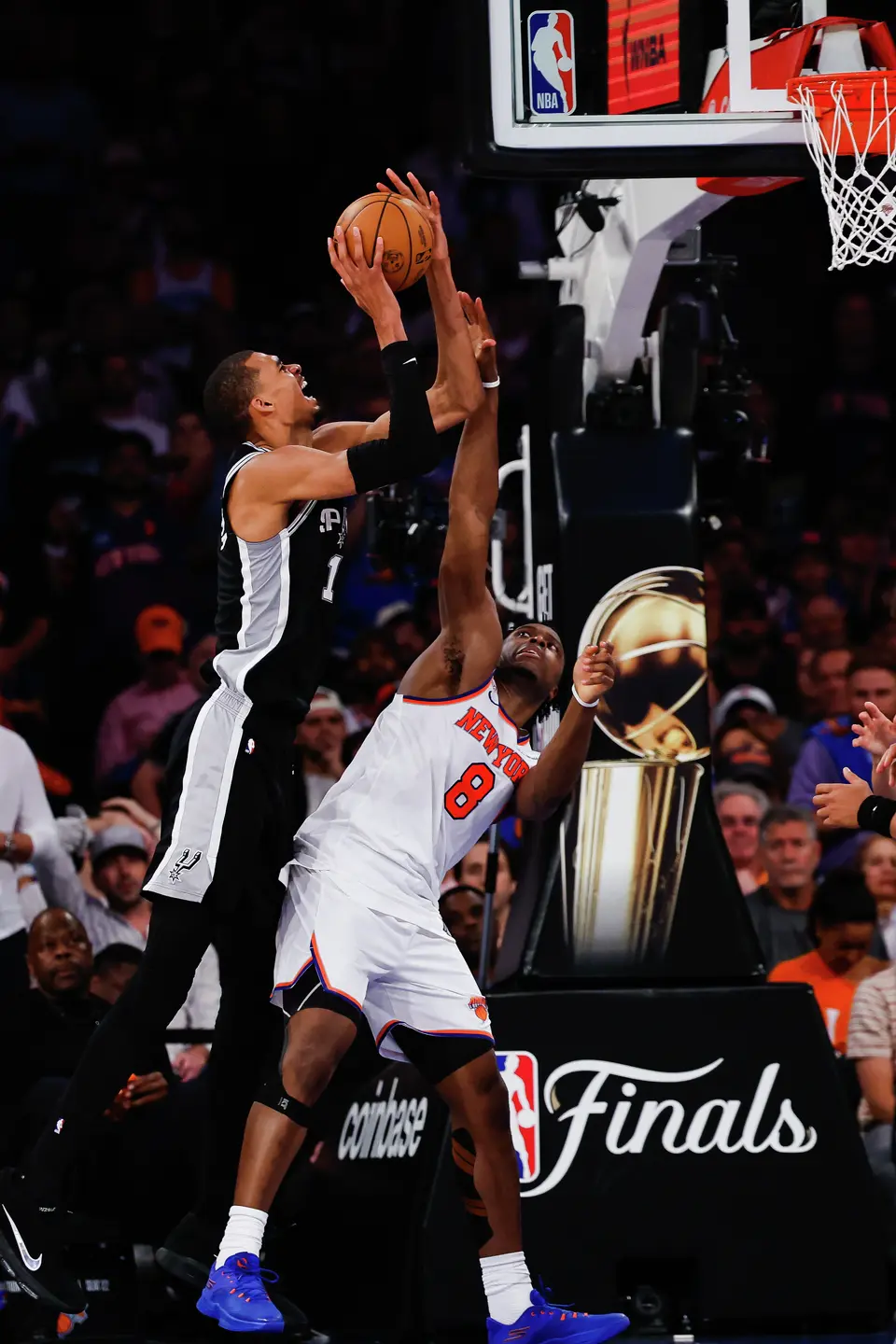 San Antonio Spurs center Victor Wembanyama (1) goes up for a shot during the fourth quarter of Game 4 of the NBA Finals at Madison Square Garden in New York, Wednesday, June 10, 2026. The Knick defeated the Spurs 107-106, leading the series 3-1.