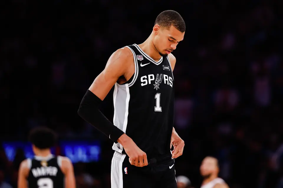 San Antonio Spurs center Victor Wembanyama (1) looks down toward the court during the fourth quarter of Game 4 of the NBA Finals at Madison Square Garden in New York, Wednesday, June 10, 2026. The Knicks defeated the Spurs 107-106, leading the series 3-1.