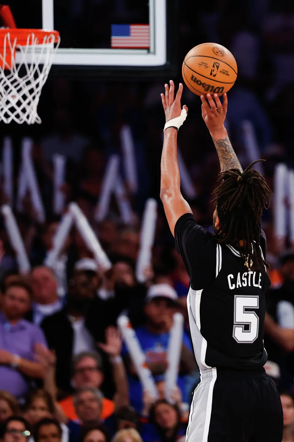 San Antonio Spurs guard Stephon Castle (5) shoots a free throw during the fourth quarter of Game 4 of the NBA Finals at Madison Square Garden in New York, Wednesday, June 10, 2026. The Knick defeated the Spurs 107-106, leading the series 3-1.