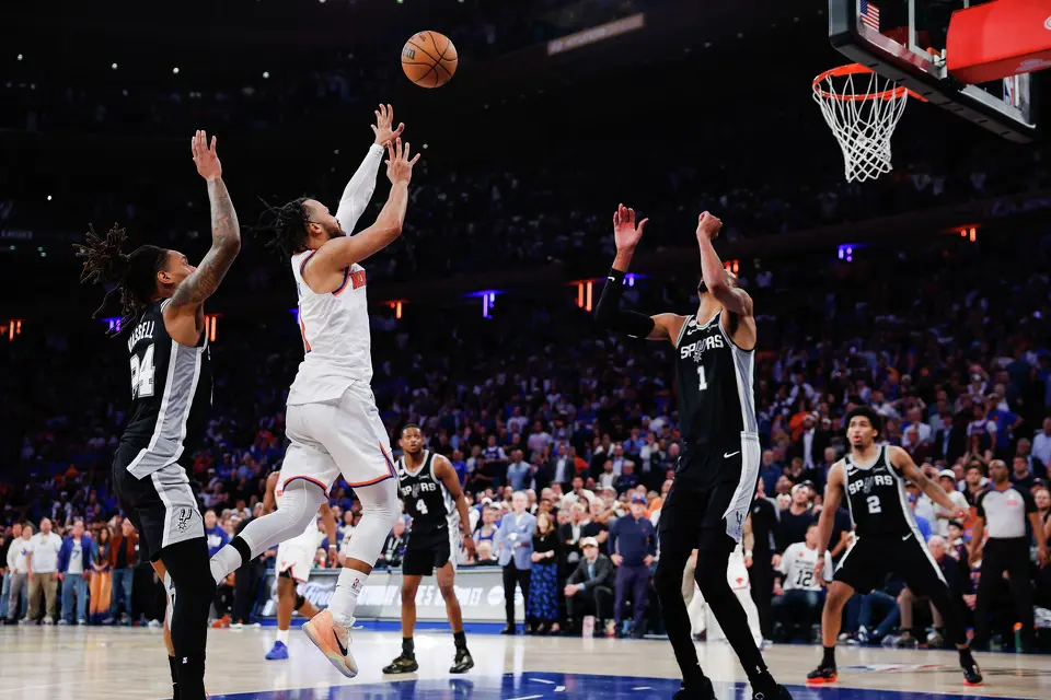 New York Knicks guard Jalen Brunson (11) goes up for a shot during the fourth quarter of Game 4 of the NBA Finals at Madison Square Garden in New York, Wednesday, June 10, 2026. The Knick defeated the Spurs 107-106, leading the series 3-1.