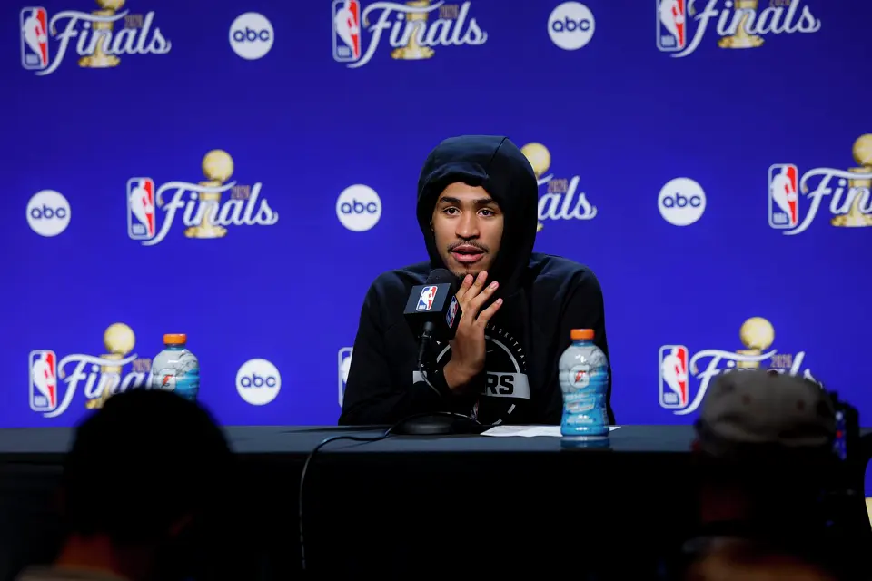 San Antonio Spurs guard Dylan Harper answers questions after Game 4 of the NBA Finals at Madison Square Garden in New York, Wednesday, June 10, 2026. The Knick defeated the Spurs 107-106, leading the series 3-1.