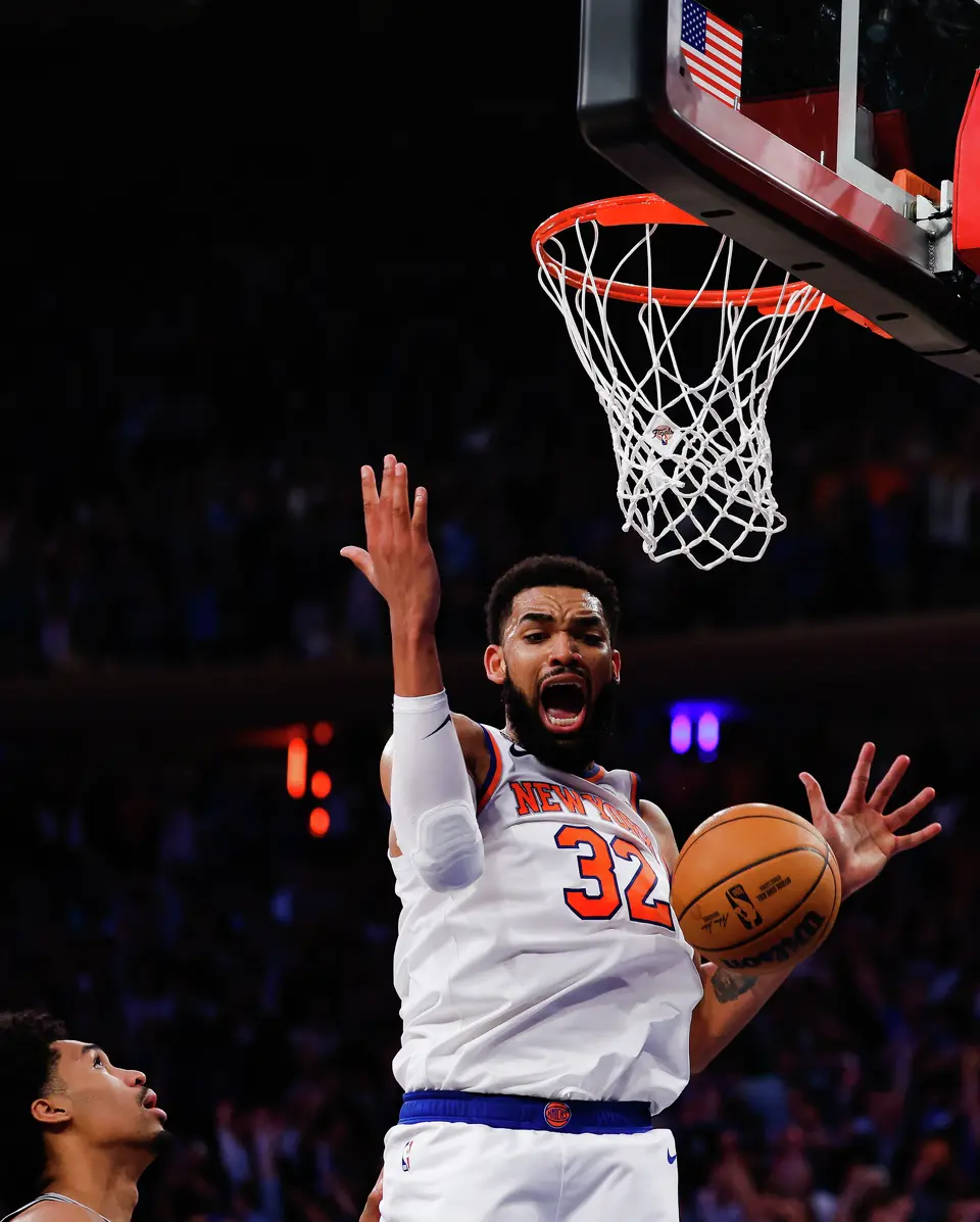 New York Knicks center Karl-Anthony Towns (32) reacts to a play during the fourth quarter of Game 4 of the NBA Finals at Madison Square Garden in New York, Wednesday, June 10, 2026. The Knicks defeated the Spurs 107-106, leading the series 3-1.